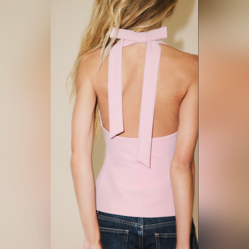 NWT Zara Medium Pink Halter Top Bow Detail Romantic Valentine's Day